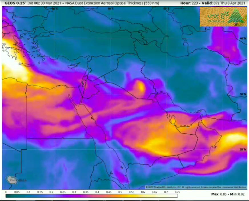نقشه متحرک پیش بینی گرد و خاک منطقه خاورمیانه  طی ۱۰ روز آینده